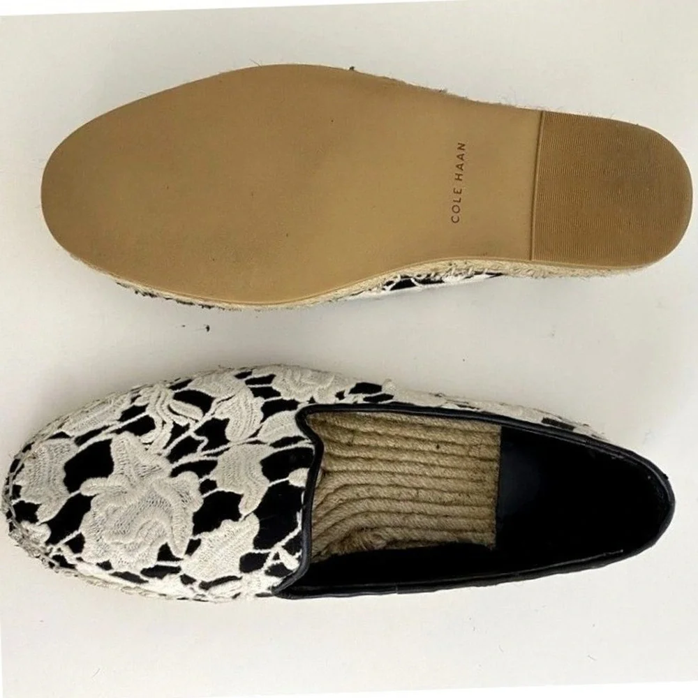Cole Haan Palermo Espadrille Black and White Lace Flats Size 6.5